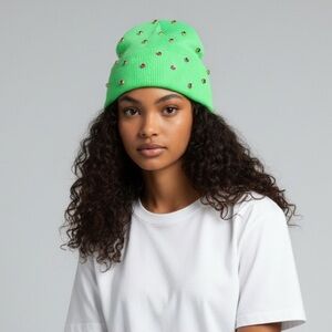 Custom Hand-Sewn Rhinestone Beanie – Neon Green with Pink Gems